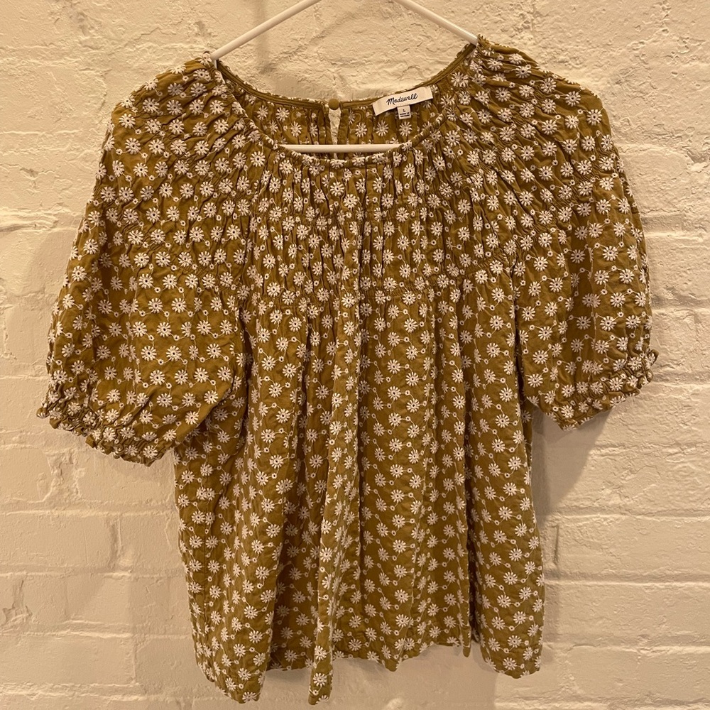 Madewell daisy embroidered shirred puff-sleeve top